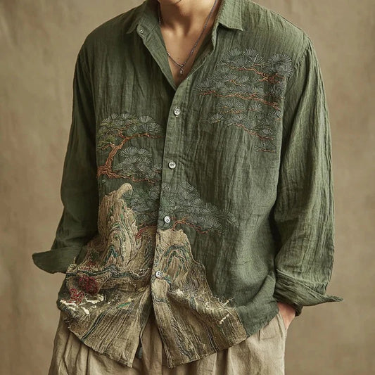 Olive Mountain & Pine Art Shirt – Japanese Landscape Linen Style Button-Up – Unisex Summer Shirt S–6XL