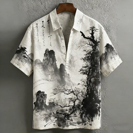 Ink Wash Landscape Linen Shirt – Japanese Sumi-E Minimalist Button-Up